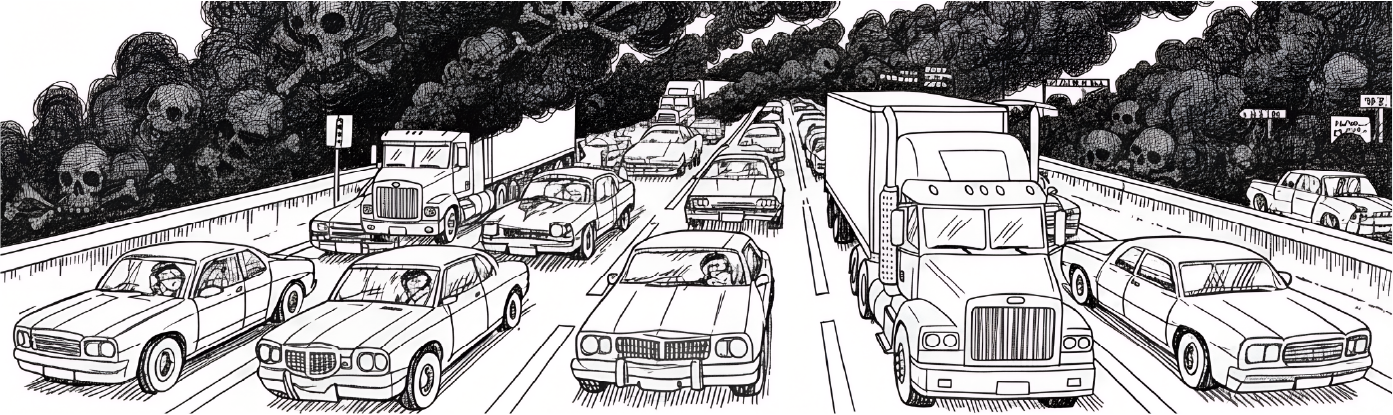 Illustration of a wide, congested freeway with skulls in the exhaust fumes.